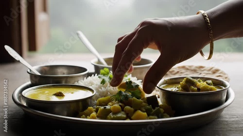 Traditional Indian Thali Meal With Rice Dal And Vegetable Curry Served In Metal Bowls And Roti On A Thali Plate With Soft Natural Lighting Creating A Warm And Inviting Atmosphere
