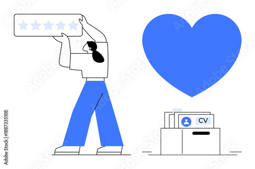 Customer satisfaction. Concept of customer satisfaction illustrated by star ratings, a large heart, and resumes in a filing drawer. Customer satisfaction for HR, recruitment, and employee review