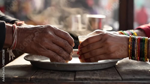 Two Steaming Cups Of Masala Chai Tea Served On A Rustic Wooden Table Outdoors With A Blurred Background Of A Busy Street Scene