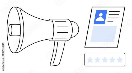 Marketing concept. Marketing tools thumbs up megaphones to amplify brand messages, user profiles to target audiences, and rating systems for feedback. For advertising, branding, communication