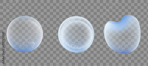 Realistic Blue Water Bubbles or Cosmetic Collagen Droplets Set on Transparent Background