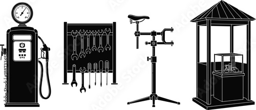 Vintage industrial silhouette set featuring fuel pump, tool rack, bicycle repair stand, and wooden well, black vector illustration for retro workshop and mechanical design concepts