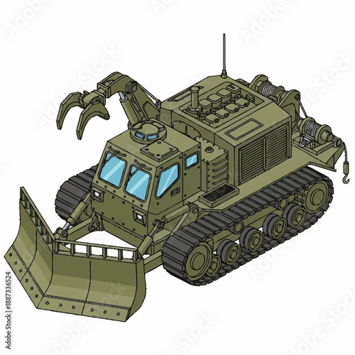 Heavy Duty Military Engineering Vehicle with Bulldozer and Crane.