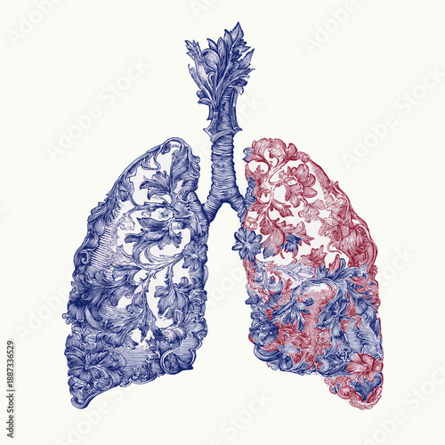 Stylized lungs displaying rich blue and red ornamental designs against a white background. Decorative human lungs drawing with intricate patterns