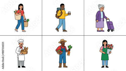 Diverse Community Workers and Consumers Illustration Set
