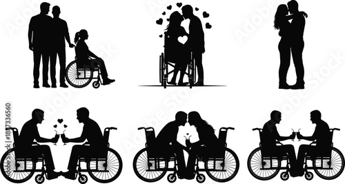 Silhouette illustration of romantic couples with wheelchair users showing love, dating, inclusion, disability awareness, relationships, care, support, and accessibility concepts in black and white