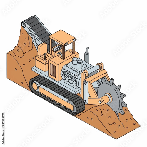 Heavy Duty Trencher Machine Excavating Earth with Rotating Cutting Wheel.