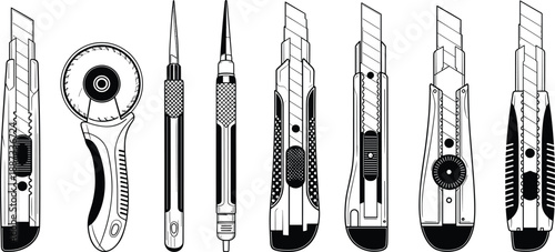 Collection of utility knife and box cutter silhouettes showing sharp cutting tools, black vector illustrations for craft, office, workshop, industrial design, and DIY projects