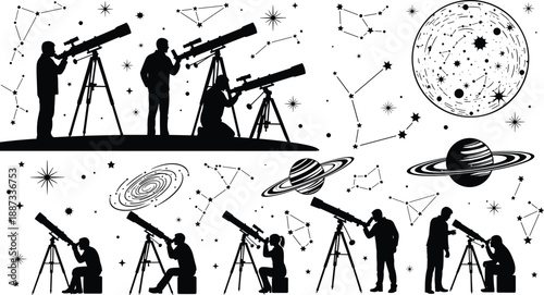 Astronomy silhouette illustration showing people using telescopes with planets, moon, stars, and constellations, black vector space science artwork for education, stargazing, and cosmic exploration 