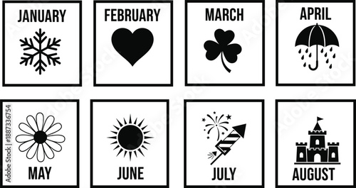 Monthly calendar icon set from January to August with seasonal symbols, black and white illustrations for planning, education, weather themes, and infographic design