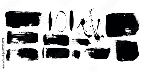 Collection of varied black paint brush strokes, ink splatters, and grunge textures on a clean white background, ideal for graphic design elements and artistic overlays