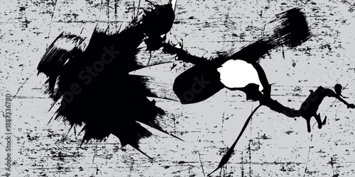 Expressive black ink splatters and sweeping brushstrokes create a bold, abstract design on a textured, distressed gray surface, ideal for grunge artwork or graphic elements