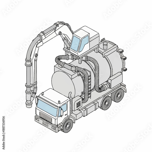 Industrial Vacuum Truck with Excavator Arm Illustration.