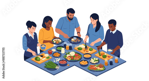 This vibrant illustration depicts a group casually preparing a meal, perfect for concepts of community, healthy eating, and collaborative cooking. Ide
