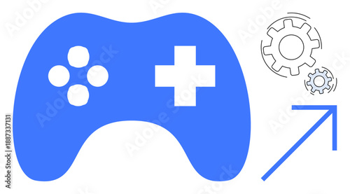 Gaming industry, progress, development, innovation, technology, entertainment. Blue controller with cross and buttons, gears and upward arrow. Gaming industry and progress concept