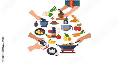 A vibrant illustration depicting hands preparing various vegetables and spices. Ideal for food blogs, recipes, cooking courses, or promoting healthy e