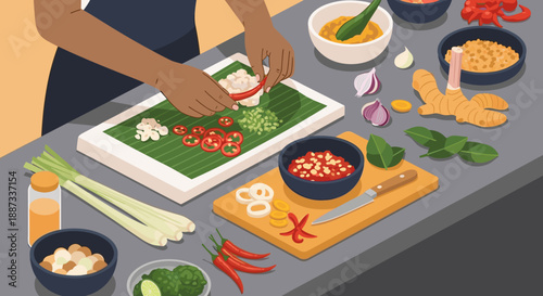 A vibrant illustration showcasing the art of food preparation. Ideal for blogs, healthy eating campaigns, or illustrating culinary processes with a mo