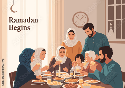 A heartwarming illustration of women sharing a meal during Ramadan. Ideal for greetings, festive promotions, and content related to cultural holidays 