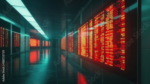 Futuristic corridor with glowing digital displays.