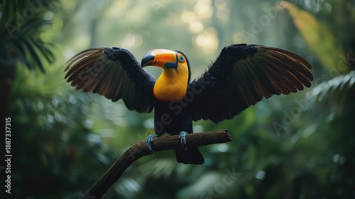 A toucan with outstretched wings in a lush rainforest setting.