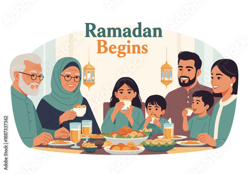 A warm illustration of a multi-generational family sharing a meal during Ramadan. Ideal for conveying themes of togetherness, faith, and cultural trad