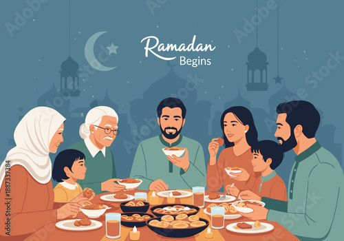 A heartwarming illustration depicts a multigenerational family enjoying a meal together during Ramadan. Perfect for conveying themes of togetherness, 