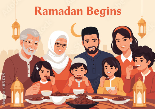 A heartwarming illustration of a multi-generational family celebrating Ramadan. Ideal for seasonal greetings, festive marketing, and content relating 