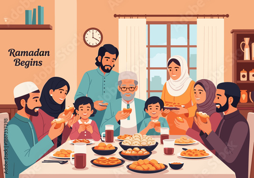 A heartwarming illustration of a family sharing a meal during Ramadan. Perfect for seasonal greetings, blog posts, or advertising related to the festi