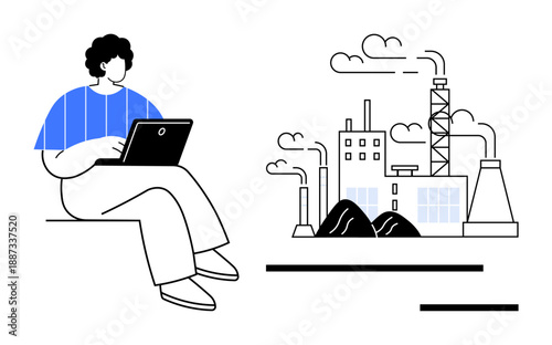Technology, environment, remote work, industrial development, sustainability, air pollution. Person using laptop seated near factory emitting smoke. Technology and environment concepts