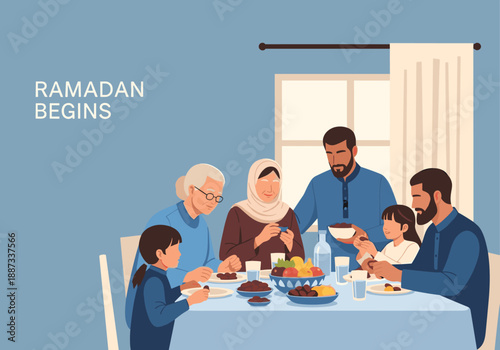 A heartwarming illustration of a family sharing a meal during Ramadan. Ideal for greeting cards, blog posts, or social media content related to faith 