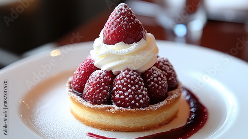 Strawberry tart with whipped cream and powdered sugar.