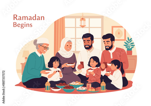 A warm illustration depicting intergenerational connection during Ramadan. Ideal for conveying themes of family, tradition, and celebration in religio
