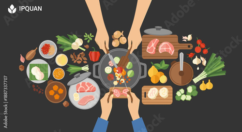 A colorful, flat lay composition of Thai cooking ingredients evokes fresh flavors and culinary expertise. Ideal for food blogs, restaurant menus, or t