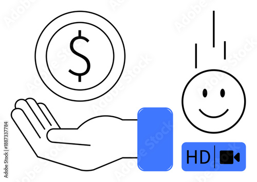 Digital transaction concept. Hand holding a dollar sign promoting digital payments. happy face and HD video icon quality user experience and interactive content. For fintech, e-commerce, media, video
