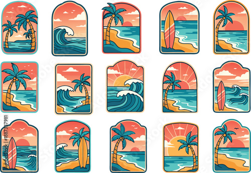 Retro beach sunset palm trees surfing waves, vintage coastal vacation paradise, Retro tropical beach badge set with waves and sunsets
