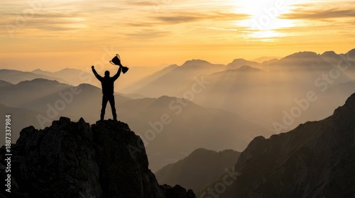 Wallpaper Mural Silhouette of a man holding a trophy on a mountain peak at sunrise with misty valleys below Torontodigital.ca