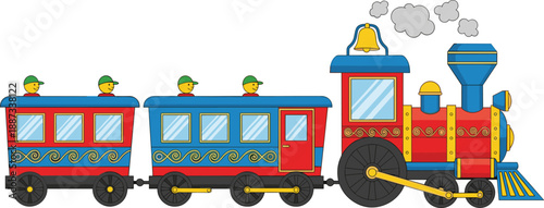 Cute cartoon train illustration, colorful steam locomotive with wagons, kids transportation concept, playful toy train design, isolated white background