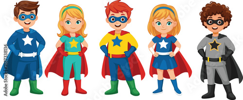 Cute cartoon superhero kids team standing together, diverse boys and girls hero characters, colorful children illustration, fun mascot vector