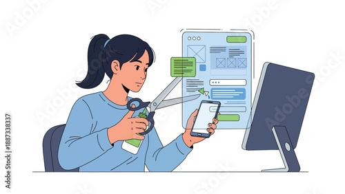 UI/UX Designer Working on Mobile App Interface With Scissors