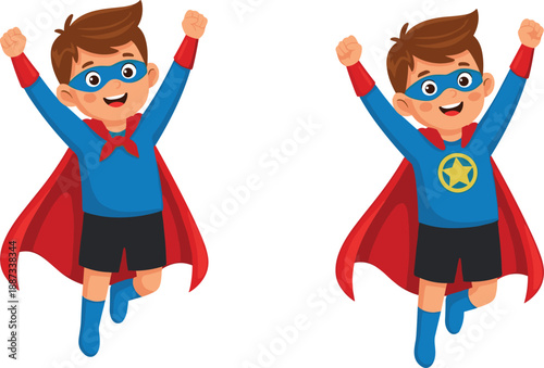 Cute jumping superhero boys cartoon illustration, happy child heroes celebrating victory with raised arms, colorful kids comic mascots, isolated vector design