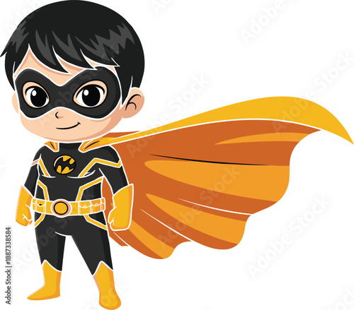Cute masked superhero boy character illustration, smiling cartoon child hero with cape, kids comic mascot, isolated vector design