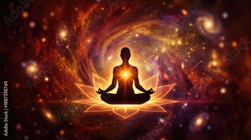 Silhouette of person meditating in lotus pose on a glowing lotus flower against a cosmic nebula background
