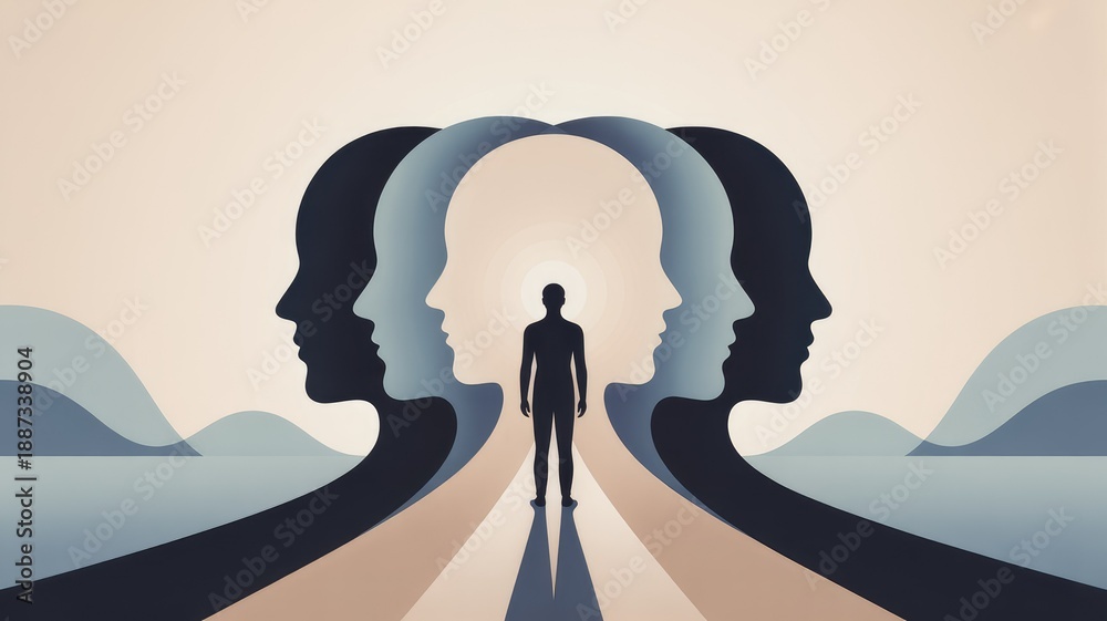 Fototapeta premium Stylized illustration of a person standing in a tunnel formed by abstract human profiles