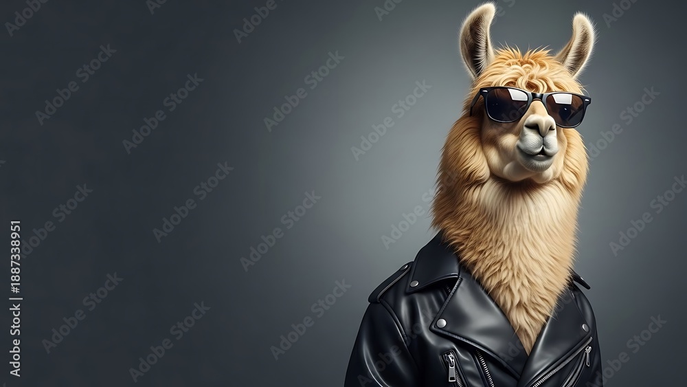 Fototapeta premium Cool Llama Animal Wearing Sunglasses And Leather Jacket Stock Photo Portrait Style Fashionable Alpaca Animalistic Character In Clothes Amazing Design