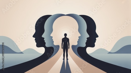 Stylized illustration of a person standing in a tunnel formed by abstract human profiles