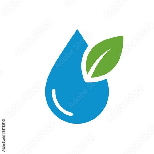 A vibrant blue water drop with a fresh green leaf, symbolizing ecological balance, clean water, and environmental sustainability.