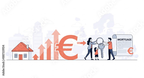 European Real Estate and Mortgage Cost Growth Illustration, Family Buying Home with Rising Euro Inflation and Interest Rates Vector