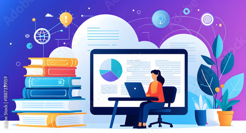 Edtech personalized learning online student laptop with books cloud computing and data visualization creating focused study routine and thoughtful