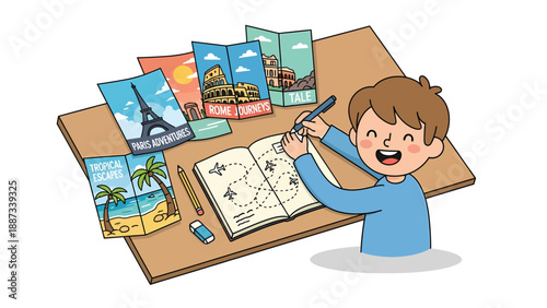 Travel Planner: Boy Dreaming of Vacation Destinations With Sketchbook