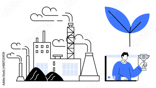 Factory emitting smoke, a green leaf symbolizing eco-focus, and a figure holding a trophy on a digital screen. Ideal for sustainability, industry, climate change, innovation, technology, leadership